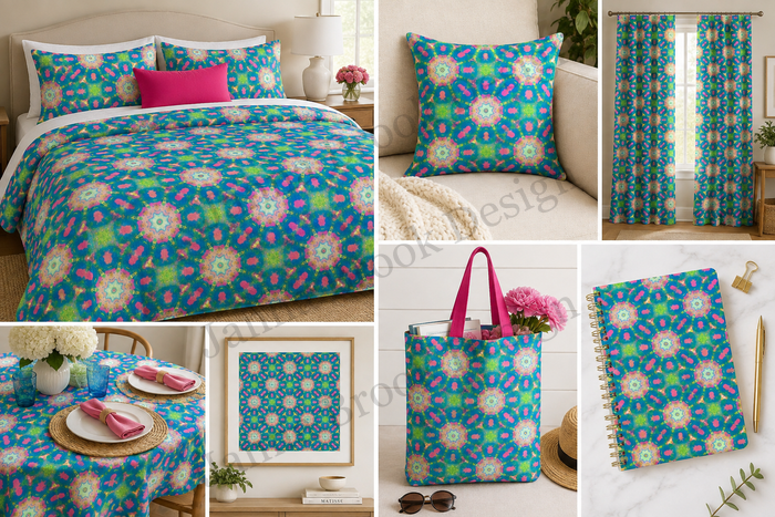 Untitled concept board showing bedding, a pillow, curtains, a table setting, a tote, and a notebook
