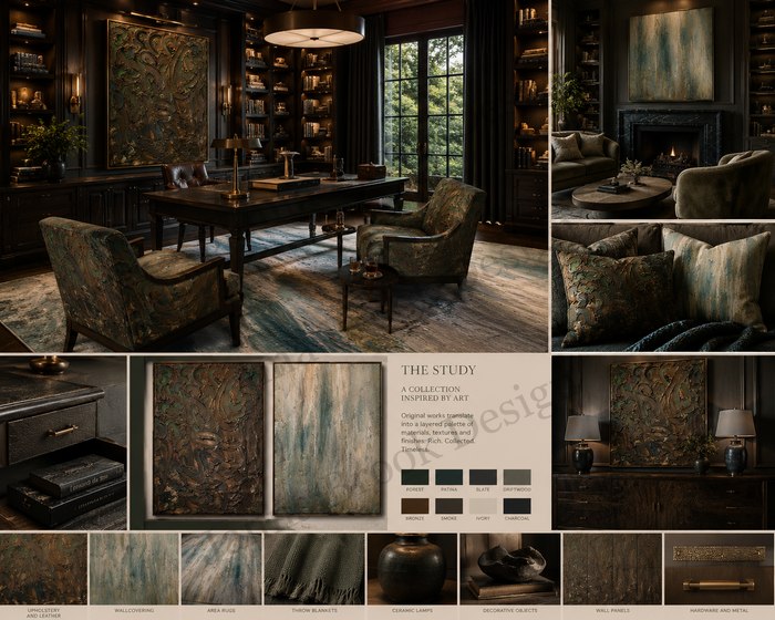 The Study concept board with paintings, furnishings, and textile details
